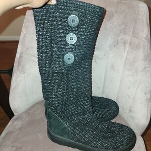 UGG AUSTRALIA CLASSIC CARDY KNIT SWEATER BUTTON BOOTS BLACK Sliver ACCENTS Sz W9